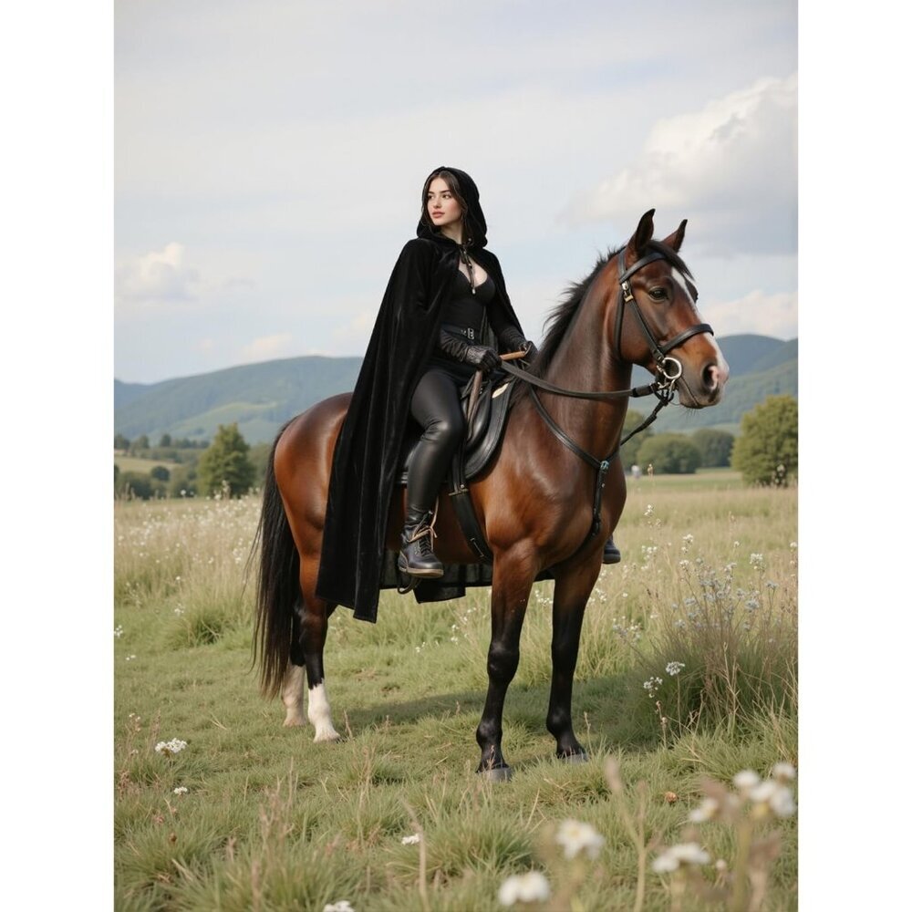 Women's Black Witch Imported Velvet Cloak Halloween Hooded Cape Medieval Costume - Picture 6 of 7